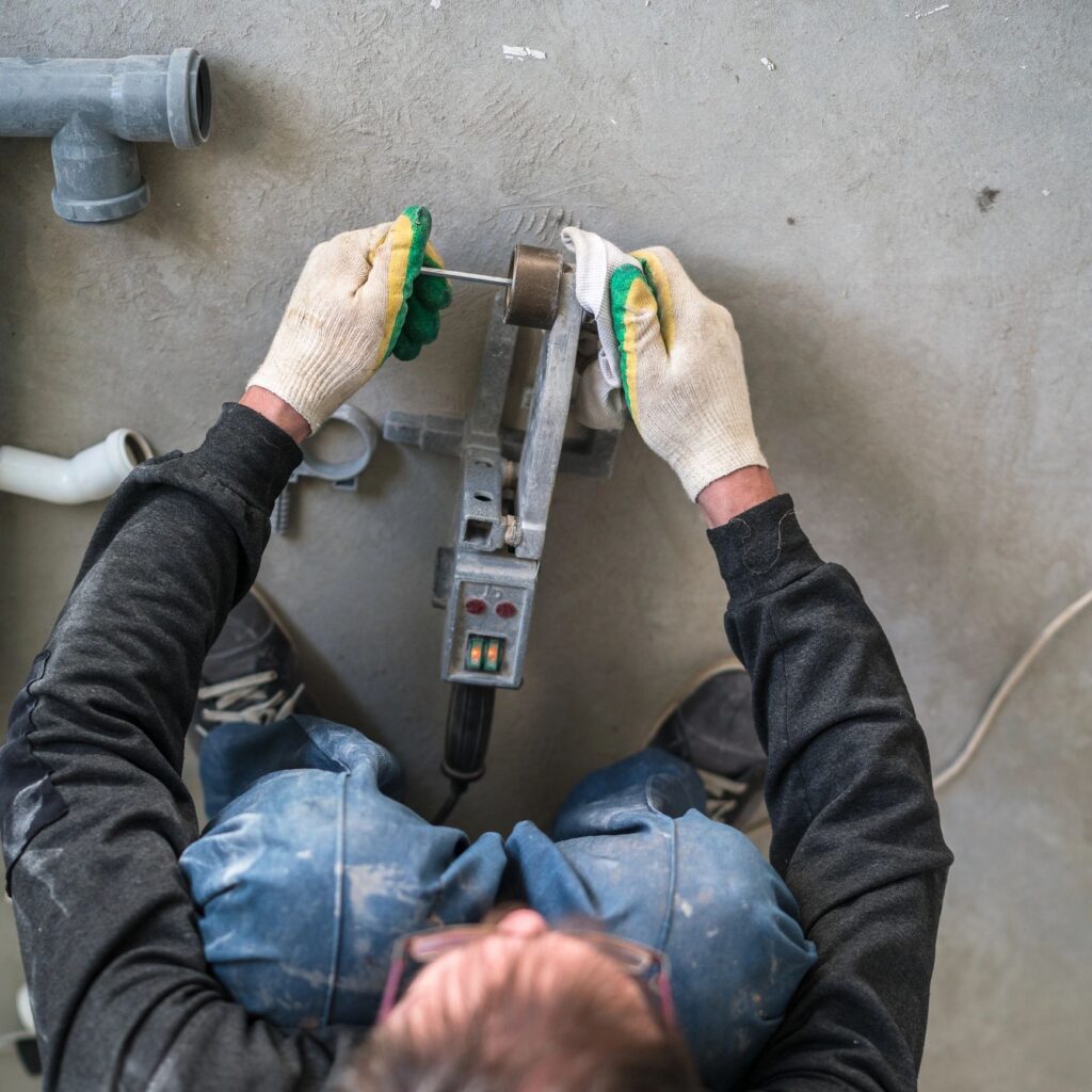 Manual construction worker connecting the plastic pipes with the thermal iron